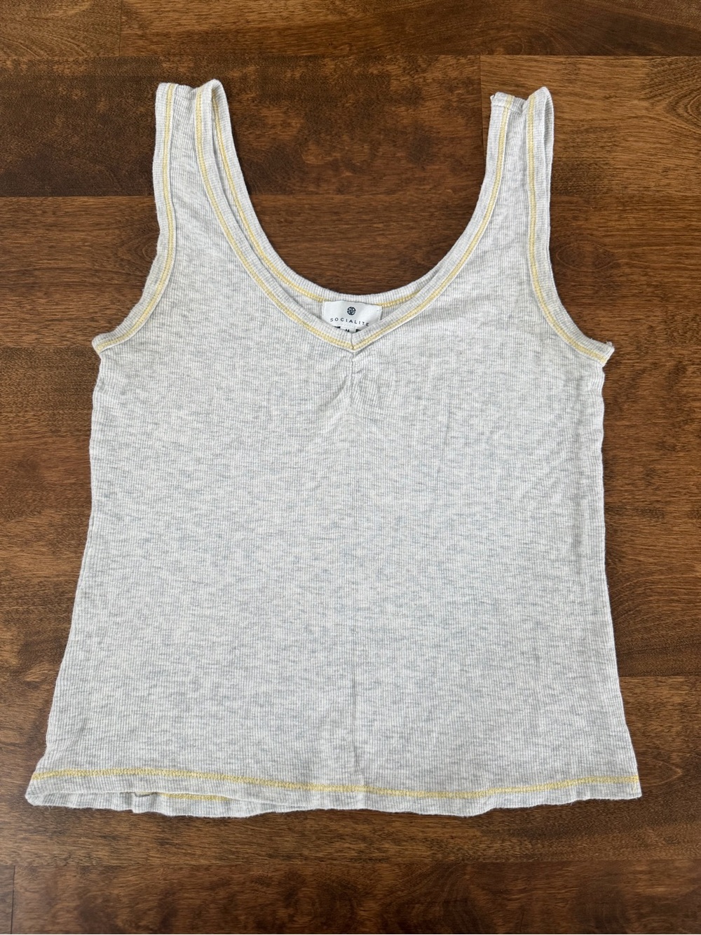 Socialite Gray Ribbed Tank Top Yellow Contrast Stitch Size M Y2K